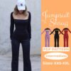 Model wearing a bolero shrug and a off shoulder jumpsuit. On the left side is a text that says Jumpsuit + Shrug PDF Pattern