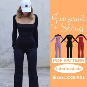 Model wearing a bolero shrug and a off shoulder jumpsuit. On the left side is a text that says Jumpsuit + Shrug PDF Pattern