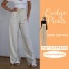 model wearing a paperbag pants made from a sewing pattern.
