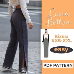 Female Model wearing grey sweatpants joggers and its written Luna bottom Pdf pattern