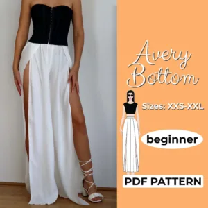 model wearing white palazzo pants made from a pdf sewing pattern