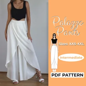 orange background with white text that says palazzo pants sewing pattern xxs - xxl and a model wearing white flare leg pants