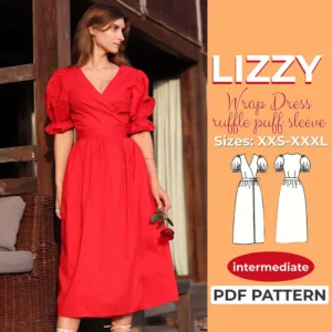 Model wearing a Ruffle Puff Sleeve Wrap Dress made from a Sewing Pattern