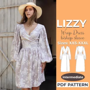 Model wearing a hat and a Bishop Sleeves Wrap Dress made from a Sewing Pattern