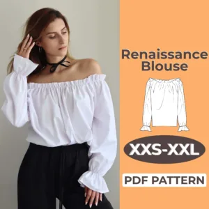 model wearing a off shoulder renaissance blouse that was created by a sewing pattern and is available is sizes XXS - XXL