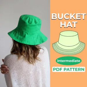 Model wearing a green sun hat made from a sewing pattern and on the left side is a text that says bucket hat pdf pattern
