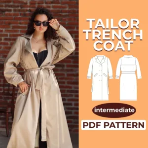 model wearing a beige trench coat made from a sewing pattern