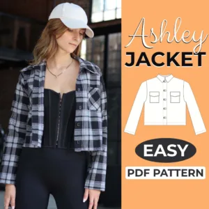 model wearing a short jacket made from a sewing pattern. On the left side is a drawing of the shirt jacket and the text pdf pattern
