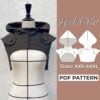 Mannequin wearing a hooded shoulder cape and on the left side is text with hooded vest pdf pattern