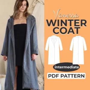 Girl wearing a Wool Coat made from a Sewing Pattern and on the left side is the text Winter coat PDF Pattern
