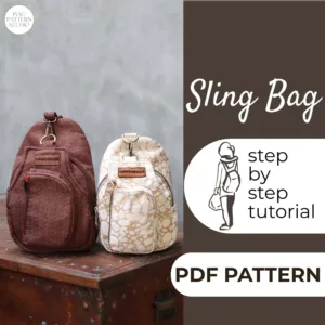 2 One Shoulder Backpacks that can be worn crossbody and that are made from a sewing pattern and on the left side is the text sling bag pdf pattern.