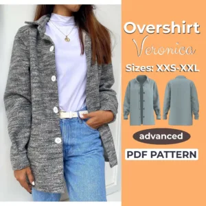 Model wearing a grey oversized shirt jacket made from a sewing pattern. On the left side is a drawing of the shacket and the text overshirt pdf pattern