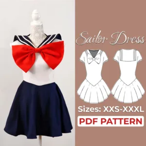 left it says sailor dress pdf pattern and on the left side it shows a mannequin with a sailor moon costume