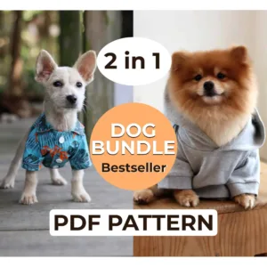 One Dog wearing a Shirt & the other dog wearing a Hoodie made from a Sewing Pattern Bundle. Also there is the text Dog bundle PDF Pattern