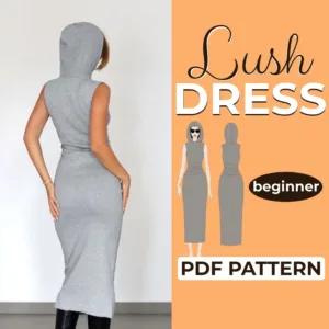 Model wearing a grey Hooded Dress made from a Sewing Pattern