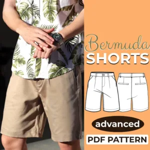 model wearing mens shorts and on the left side is a text that says bermuda shorts pdf pattern