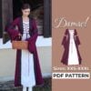 On the left side is a girl wearing a medieval dress and on the right side is a drawing of a damsel dress and it says PDF Pattern
