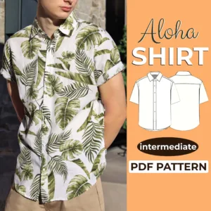 Model wearing a Hawaiian Shirt made from a Sewing Pattern and on the left side is the text men's aloha shirt pdf pattern