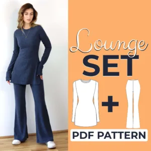 model wearing a blue pajama pattern long sleeve + bell bottom pants and on the left side it´s written Loungewear Set PDF Pattern