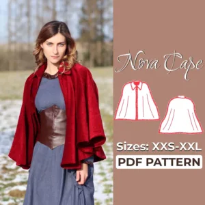 red short cape and a drawing of a short medieval cloak sewing pattern