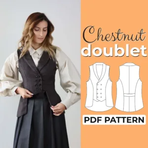 model wearing a victorian tailcoat made from a sewing pattern and on the left side is the text chestnut doublet pdf pattern