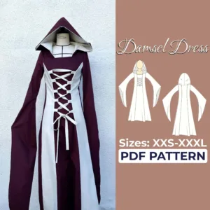 mannequin with a hooded medieval dress on it and a text that says damsel dress pdf pattern