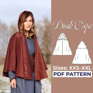 brown background with sketch of a cape with hood and it writes PDF sewing pattern and a girl standing in nature wearing a brown short hooded cloak
