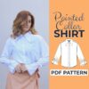 Model wearing a poet shirt made from a sewing pattern and on the left side is the text Pointed Collar shirt pdf pattern