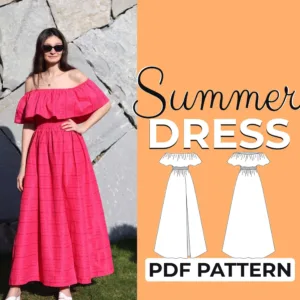 Model wearing a Off Shoulder Maxi Dress made from a Sewing Pattern and on the left side is the text Summer Dress PDF Pattern