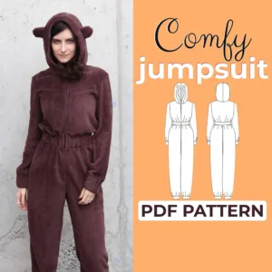 Model wearing a brown onesie with ears made from a sewing pattern and on the left side is a text that says cofy jumpsuit pdf pattern