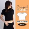 On the left side is the text cropped t-shirt pdf pattern and on the right side is a model wearing a cropped baby tee made from a sewing pattern