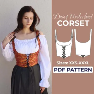 It says Underbust Corset sewing pattern pdf xxs - xxxl and on the left side is a girl wearing an cottagecore underbust corset