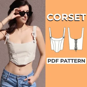 on the left is a girl wearing sunglasses and a overbust corset and on the right side it is written corset pdf pattern