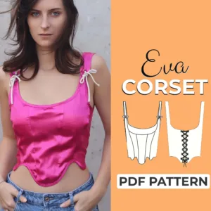 Girl wearing a pink regency corset on the left side is a text that says corset pdf pattern