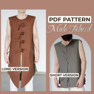brown background with the written words Male Tabard PDF Pattern and 2 men one wearing a short surcoat and one a long tabard