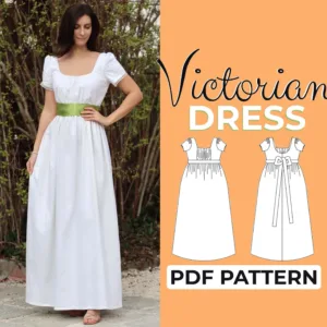 white empire waist dress on the left side orange background and a text that says victorian dress pdf pattern.
