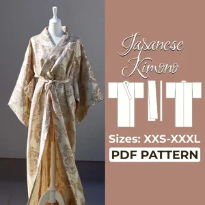 mannequin with a traditional yukata on it and on the left side is written Japanese Kimono PDF Pattern