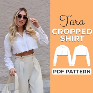 Model wearing a Crop Shirt made from a Sewing Pattern and on the left side is the text cropped shirt