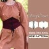 brown background with the text fairy corset sewing pattern xxs - xxxl and on the left side is a girl wearing a corset belt