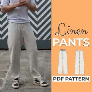 men wearing beige wide leg pants and on the left side is written linen pants pdf pattern