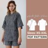 white drawing of a kimono jinbei and text that says Jinbei women PDF Pattern brown background and a mode wearing a black jinbei