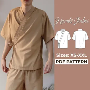 men wearing a beige jinbei shirt and on the left side is written Jinbei PDF Pattern and there is a drawing of a kimono