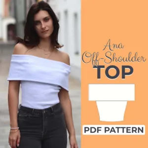 on the left side is a model who is wearing black jeans and a white off the shoulder top that was made from a sewing pattern. on the left side is a drawing of the off shoulder top sewing pattern