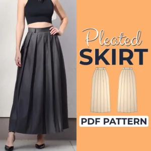 Girl wearing a long maxi skirt pattern with pleats and on the left side is written Pleated Skirt PDF Pattern