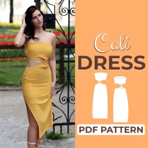 Model wearing a cut out dress made froma a sewing pattern
