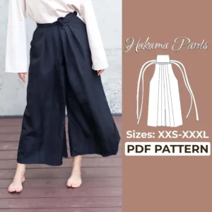 model wearing black pleated wide leg pants and on the right side is a drawing of a hakama pants and it is wirtten hakama pants pdf pattern