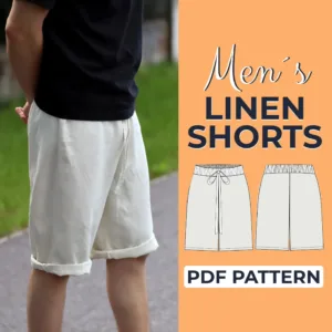 male model wearing a black shirt and beige shorts on the left side is written mens linen shorts pdf pattern