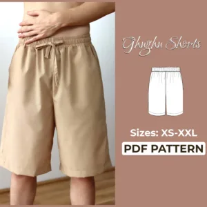 model wearing beige drawstring shorts and on the left side there is a drawing of shorts and it writes pdf pattern