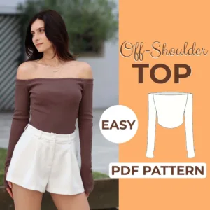 Girl wearing a brown off shoulder top made from a sewing pattern. in the middle it says easy and on the right side it says pdf pattern