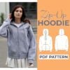 Model wearing a grey zip up hoodie pdf sewing pattern